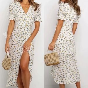 Boho Floral Gypsy Print 60’s Midi Dress Yellow